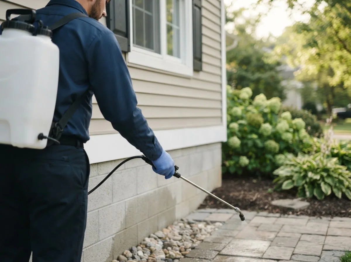Pest control technician inspecting a home in Belden, NE